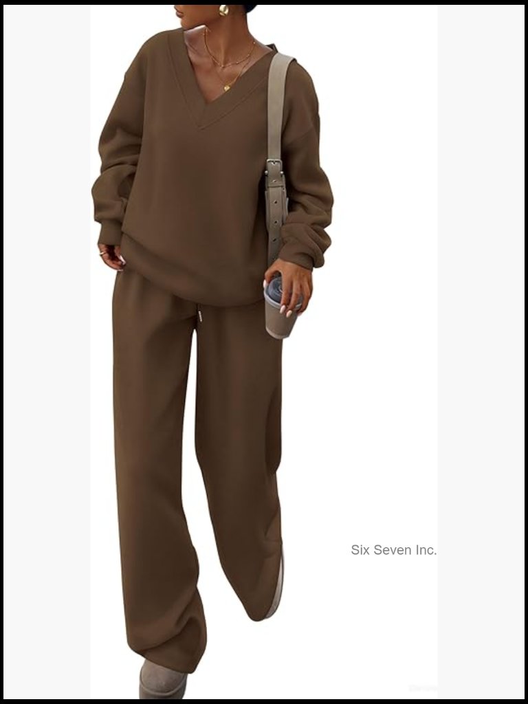 V Neck Sweatshirt & Wide Leg Pants Tracksuit Set For Women